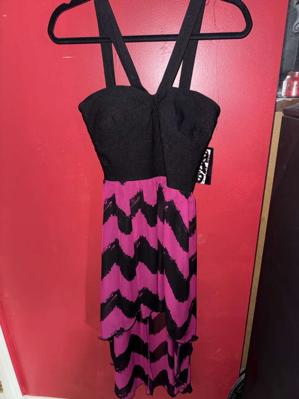 Strap High-Low Dress in Black and Magenta Chevron